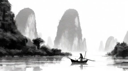 The image depicts a serene landscape, done in an Asian style ink wash technique. The image features a mountain range in the background, with several trees and a river in the foreground. The image is characterized by its use of soft, flowing lines and delicate shading, which give it a dreamlike quality.の素材