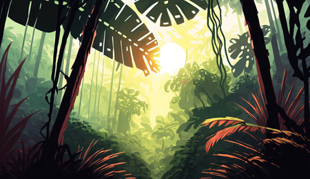 Explore the breathtaking beauty of a celestial jungle landscape with this stunning digital image. Rich with vibrant colors and intricate details, this artwork is sure to captivate the imagination and transport you to a world of wonder.の素材