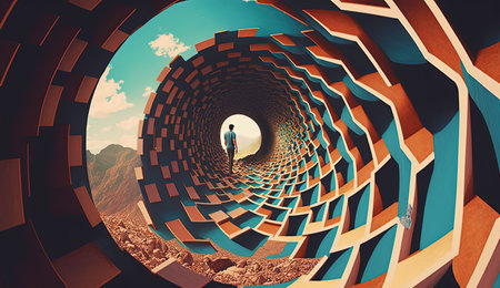 A vibrant and surreal digital collage featuring psychedelic imagery and dreamlike landscapes. This image plays with perception and creates a mesmerizing visual experience.の素材