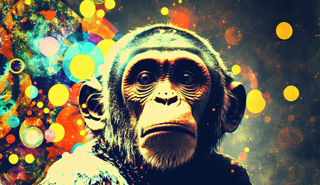 This playful collage features a mischievous monkey in a variety of poses and settings. The monkey is shown swinging from vines, eating bananas, and making funny faces. The colorful background includes jungle foliage and a bright sun.の素材