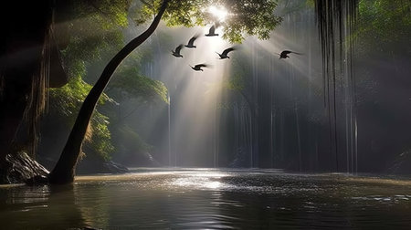 This digital image captures the majesty of a tropical waterfall, surrounded by lush greenery and colorful birds. The bright sunshine casts a warm glow over the entire scene, evoking a sense of tranquility and awe.の素材