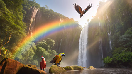 This digital image captures the majesty of a tropical waterfall, surrounded by lush greenery and colorful birds. The bright sunshine casts a warm glow over the entire scene, evoking a sense of tranquility and awe.の素材