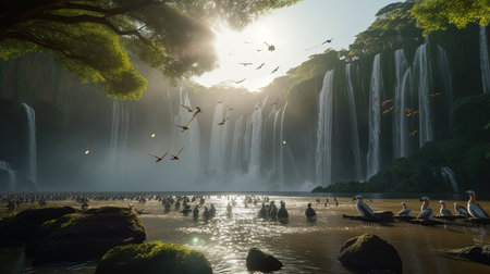 This digital image captures the majesty of a tropical waterfall, surrounded by lush greenery and colorful birds. The bright sunshine casts a warm glow over the entire scene, evoking a sense of tranquility and awe.の素材