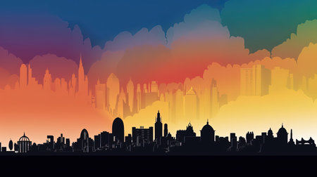 This digital image features a colorful city skyline silhouette outlined against a vibrant background. The bright colors and intricate details create a dynamic and eye-catching visual.の素材