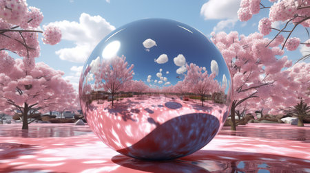 A digital artwork featuring a surreal landscape of mirrored spheres that reflect the beautiful surroundings. The vibrant colors and unique perspective create a mesmerizing effect.の素材