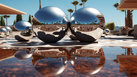 A digital artwork featuring a surreal landscape of mirrored spheres that reflect the beautiful surroundings. The vibrant colors and unique perspective create a mesmerizing effect.の素材