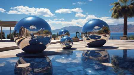 A digital artwork featuring a surreal landscape of mirrored spheres that reflect the beautiful surroundings. The vibrant colors and unique perspective create a mesmerizing effect.の素材