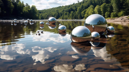 A digital artwork featuring a surreal landscape of mirrored spheres that reflect the beautiful surroundings. The vibrant colors and unique perspective create a mesmerizing effect.の素材