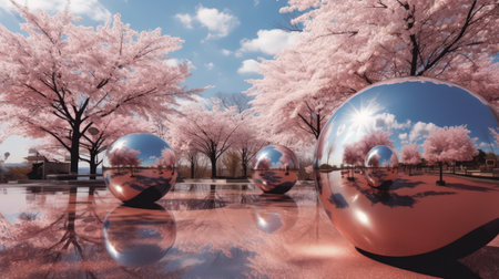 A digital artwork featuring a surreal landscape of mirrored spheres that reflect the beautiful surroundings. The vibrant colors and unique perspective create a mesmerizing effect.の素材