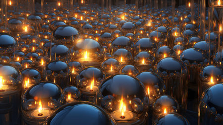 A digital artwork featuring a surreal landscape of mirrored spheres that reflect the beautiful surroundings. The vibrant colors and unique perspective create a mesmerizing effect.の素材