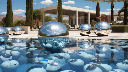 A digital artwork featuring a surreal landscape of mirrored spheres that reflect the beautiful surroundings. The vibrant colors and unique perspective create a mesmerizing effect.の素材