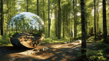 A digital artwork featuring a surreal landscape of mirrored spheres that reflect the beautiful surroundings. The vibrant colors and unique perspective create a mesmerizing effect.の素材