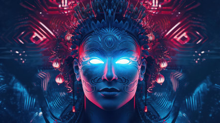 This digital artwork features a stunning queen with a vivid color palette, inspired by the neo-trance genre. The queen's flowing hair and intricate headdress are adorned with geometric shapes and vibrant hues, creating a sense of movement and energy. The overall effect is a mesmerizing and powerful image that captures the essence of the music.の素材
