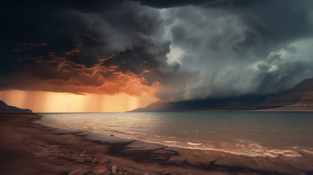 This breathtaking panorama illustration captures the unique beauty of the Dead Sea landscape. The stillness of the water, coupled with the rugged terrain, creates a sense of awe and wonder. The warm colors of the sunset add to the overall sense of tranquility and peace.の素材