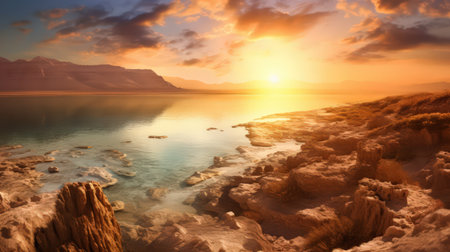 This breathtaking panorama illustration captures the unique beauty of the Dead Sea landscape. The stillness of the water, coupled with the rugged terrain, creates a sense of awe and wonder. The warm colors of the sunset add to the overall sense of tranquility and peace.の素材