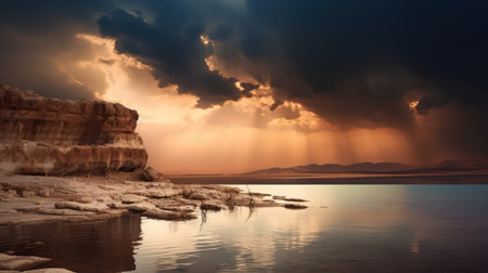 This breathtaking panorama illustration captures the unique beauty of the Dead Sea landscape. The stillness of the water, coupled with the rugged terrain, creates a sense of awe and wonder. The warm colors of the sunset add to the overall sense of tranquility and peace.の素材