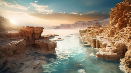 This breathtaking panorama illustration captures the unique beauty of the Dead Sea landscape. The stillness of the water, coupled with the rugged terrain, creates a sense of awe and wonder. The warm colors of the sunset add to the overall sense of tranquility and peace.の素材