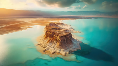 This breathtaking panorama illustration captures the unique beauty of the Dead Sea landscape. The stillness of the water, coupled with the rugged terrain, creates a sense of awe and wonder. The warm colors of the sunset add to the overall sense of tranquility and peace.の素材