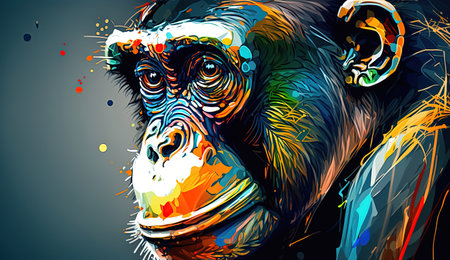 This digital image depicts an abstract illustration of an ape in vivid colors. The ape's form is distorted and fragmented, creating a surreal and dreamlike quality. The use of bright colors and bold lines adds to the energetic and dynamic feel of the piece.の素材