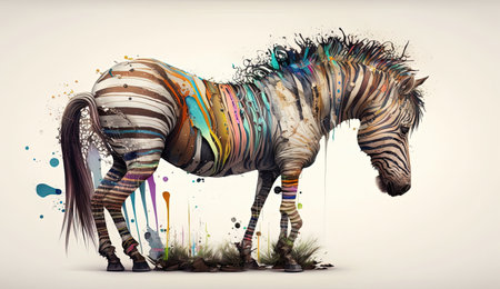 This digital art piece features a zebra with a colourful, abstract twist. The rainbow-colored stripes stand out against the black and white zebra, creating a vibrant and unique image that is sure to catch the eye.の素材