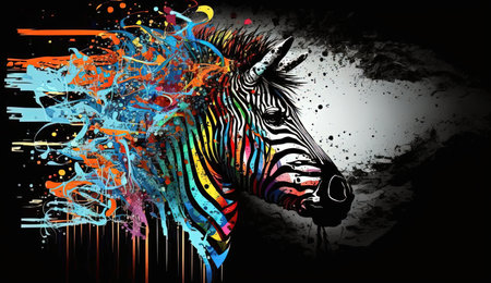 A colorful abstract illustration of a zebra, featuring bright hues and geometric shapes. This playful design is sure to bring a pop of color to any space.の素材