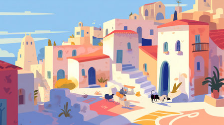 Take a moment to breathe in the salty sea air and let the peaceful tranquility of the Aegean wash over you. This landscape illustration captures the beauty and serenity of the Aegean Sea with its crystal clear waters and rugged coastline dotted with charming white-washed buildings.の素材