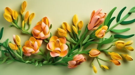 This beautiful digital illustration captures the essence of a Freesia flower in stunning detail, using plasticine as the medium. The vibrant colors and intricate textures of the petals are brought to life in a unique and captivating way, making this image a true work of art.の素材