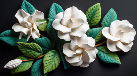 This stunning digital image captures the beauty of a gardenia bloom, recreated in intricate detail using plasticine. The delicate petals and leaves are lovingly crafted to produce a realistic and eye-catching illustration that is sure to impress. Perfect for any lover of flowers or art, this image is a true work of beauty and skill.の素材