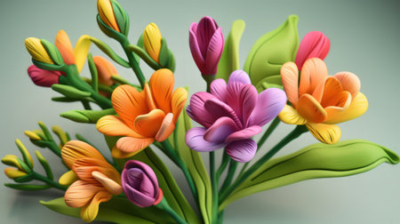 A beautiful and intricate flower illustration made entirely out of plasticine, featuring a stunning frangipani bloom. This unique and creative artwork showcases the incredible versatility of plasticine as a medium for art. The delicate details and vibrant colors of the frangipani are captured perfectly in this stunning piece.の素材