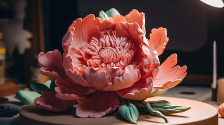 This stunning image features a beautiful peony blossom crafted entirely out of plasticine. The intricate details and lifelike textures make this flower seem almost real. The vibrant colors of the petals and leaves add an extra touch of beauty to this eye-catching illustration.の素材