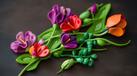 This digital image captures the intricate details of a sweet pea flower made entirely out of plasticine. Every petal and leaf has been carefully crafted to create a realistic and stunning representation of this beautiful flower. This illustration is a testament to the power of creativity and dedication.の素材