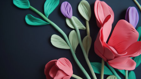 This digital image captures the intricate details of a sweet pea flower made entirely out of plasticine. Every petal and leaf has been carefully crafted to create a realistic and stunning representation of this beautiful flower. This illustration is a testament to the power of creativity and dedication.の素材