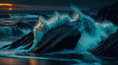 A breathtaking view of a tropical coastline with the ocean waves crashing against the rocks during a stormy sunset. The vibrant colors of the sunset combined with the powerful force of nature create a truly awe-inspiring scene.の素材