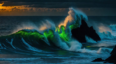 A breathtaking view of a tropical coastline with the ocean waves crashing against the rocks during a stormy sunset. The vibrant colors of the sunset combined with the powerful force of nature create a truly awe-inspiring scene.の素材