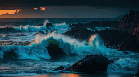 A breathtaking view of a tropical coastline with the ocean waves crashing against the rocks during a stormy sunset. The vibrant colors of the sunset combined with the powerful force of nature create a truly awe-inspiring scene.の素材