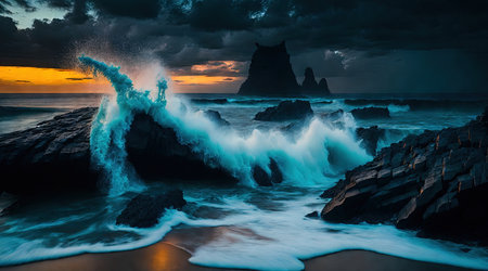 A breathtaking view of a tropical coastline with the ocean waves crashing against the rocks during a stormy sunset. The vibrant colors of the sunset combined with the powerful force of nature create a truly awe-inspiring scene.の素材