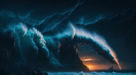 A breathtaking view of a tropical coastline with the ocean waves crashing against the rocks during a stormy sunset. The vibrant colors of the sunset combined with the powerful force of nature create a truly awe-inspiring scene.の素材