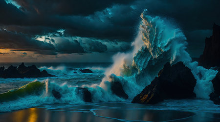 A breathtaking view of a tropical coastline with the ocean waves crashing against the rocks during a stormy sunset. The vibrant colors of the sunset combined with the powerful force of nature create a truly awe-inspiring scene.の素材