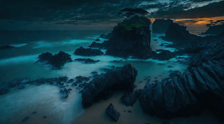 A breathtaking view of a tropical coastline with the ocean waves crashing against the rocks during a stormy sunset. The vibrant colors of the sunset combined with the powerful force of nature create a truly awe-inspiring scene.の素材