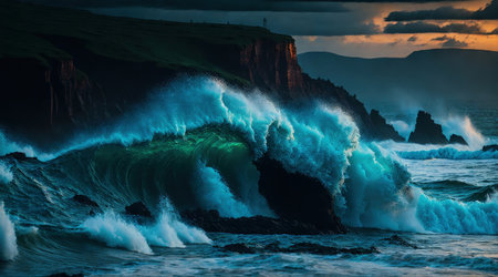A breathtaking view of a tropical coastline with the ocean waves crashing against the rocks during a stormy sunset. The vibrant colors of the sunset combined with the powerful force of nature create a truly awe-inspiring scene.の素材