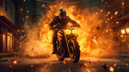 Experience the thrill of the ride with Blazing Ride. This stunning digital image captures the intensity of a motorcycle ride with flames blazing in the background. The photorealistic technique used in this image brings the scene to life, making you feel like you're right in the middle of the action.の素材