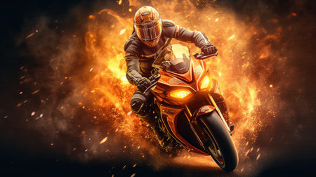 Experience the thrill of the ride with Blazing Ride. This stunning digital image captures the intensity of a motorcycle ride with flames blazing in the background. The photorealistic technique used in this image brings the scene to life, making you feel like you're right in the middle of the action.の素材