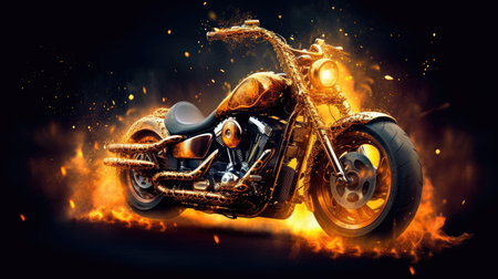 Experience the thrill of the ride with Blazing Ride. This stunning digital image captures the intensity of a motorcycle ride with flames blazing in the background. The photorealistic technique used in this image brings the scene to life, making you feel like you're right in the middle of the action.の素材