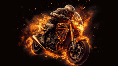 Experience the thrill of the ride with Blazing Ride. This stunning digital image captures the intensity of a motorcycle ride with flames blazing in the background. The photorealistic technique used in this image brings the scene to life, making you feel like you're right in the middle of the action.の素材