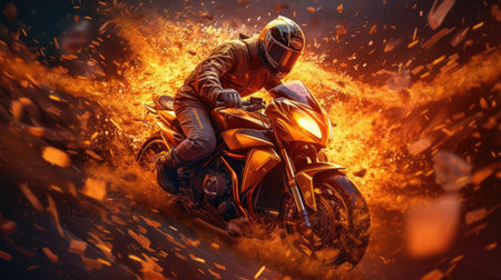 Experience the thrill of the ride with Blazing Ride. This stunning digital image captures the intensity of a motorcycle ride with flames blazing in the background. The photorealistic technique used in this image brings the scene to life, making you feel like you're right in the middle of the action.の素材
