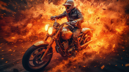 Experience the thrill of the ride with Blazing Ride. This stunning digital image captures the intensity of a motorcycle ride with flames blazing in the background. The photorealistic technique used in this image brings the scene to life, making you feel like you're right in the middle of the action.の素材