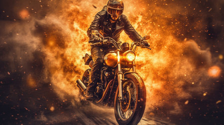 Experience the thrill of the ride with Blazing Ride. This stunning digital image captures the intensity of a motorcycle ride with flames blazing in the background. The photorealistic technique used in this image brings the scene to life, making you feel like you're right in the middle of the action.の素材