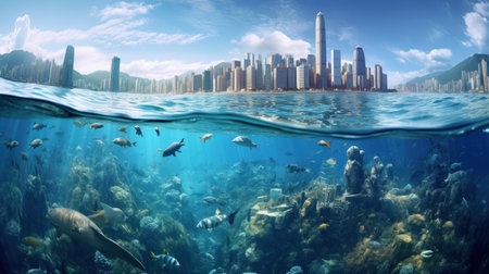 Dive into the beauty of Hong Kong's skyline from the sea with this intricate DIY diamond painting kit. With its underwater world design, this piece will bring a touch of magic to your home.の素材