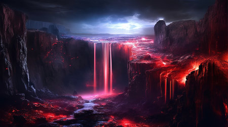 This breathtaking image captures the beauty of a waterfall at night, illuminated by a soft, ethereal glow. The cascading water shimmers and sparkles in the darkness, creating a sense of wonder and magic. This image is sure to inspire and uplift anyone who views it.の素材