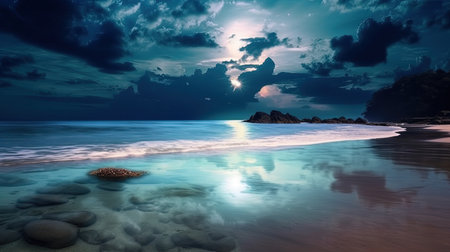 A dreamlike and surreal wallpaper featuring the ocean illuminated by moonlight. The light silver and dark cyan colors create a whimsical dreamscape that will transport you to a magical world. Perfect for those who love night photography and spectacular backdrops.の素材